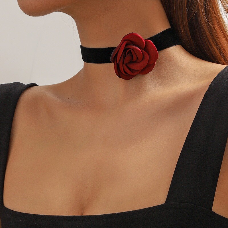 Red Camellia Flower Choker Necklace BlackVelvet Chain Women Jewelry New Wine Red