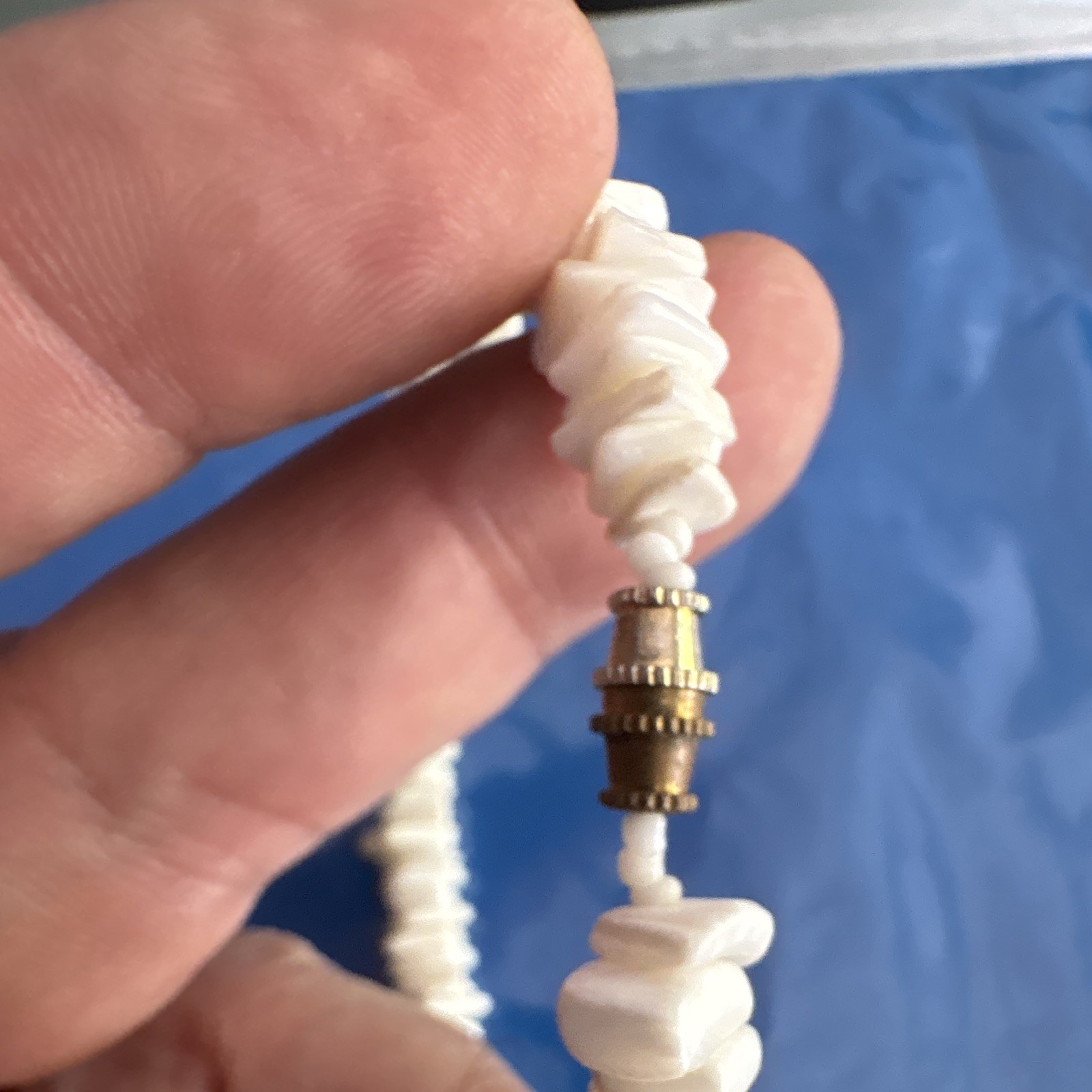 White Shell Chip Beaded Necklace Ball/Bead Chain Barrel Clasp