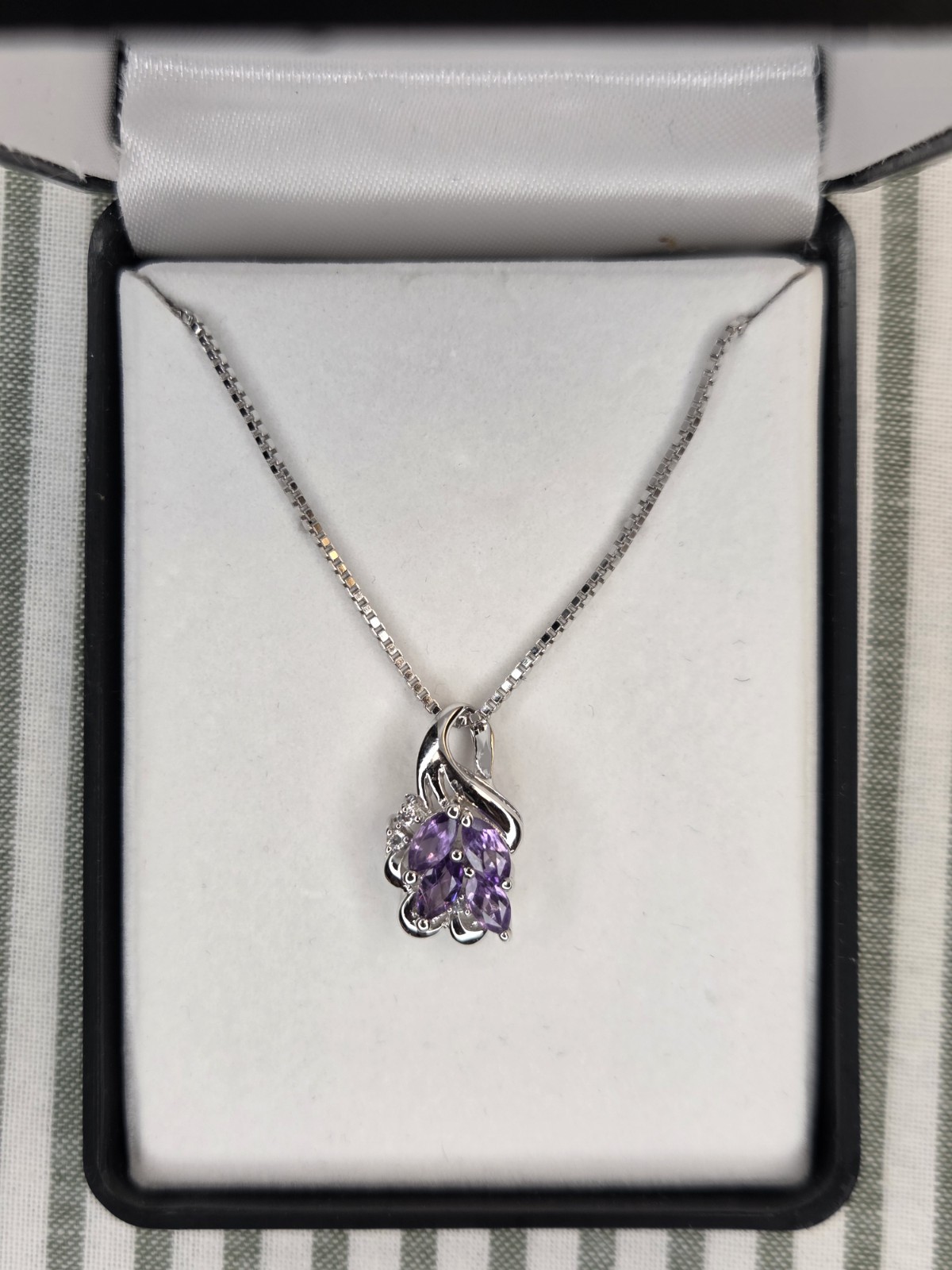 Rhodium Plated Amethyst & CZ Pendant Necklace, Box Chain, Thailand, 110603