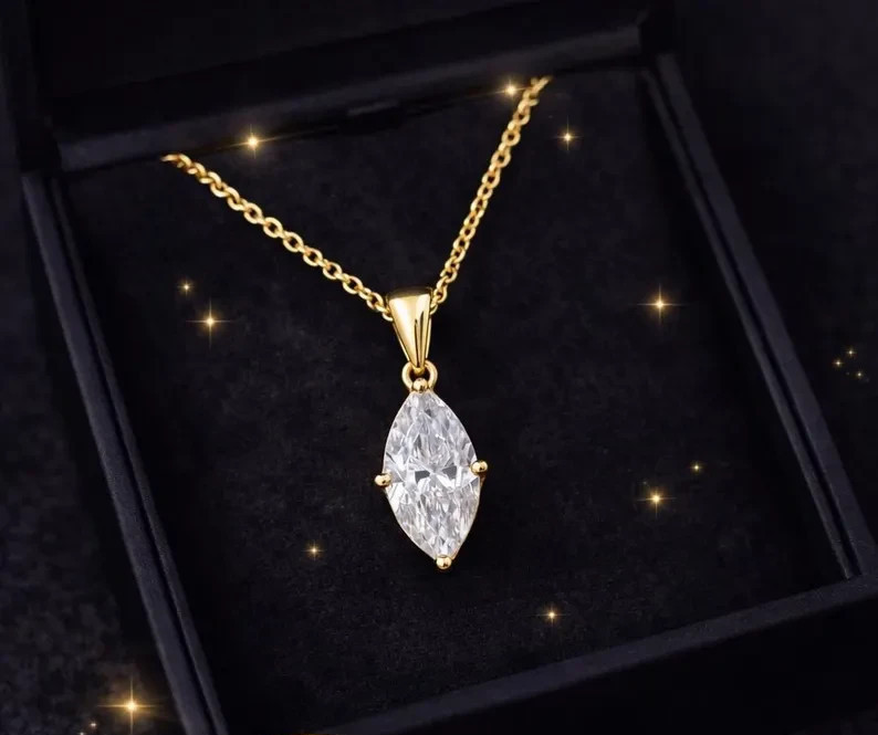 Solitaire Pendant Necklace Marquise Simulated Diamond In 14k Yellow Gold Plated