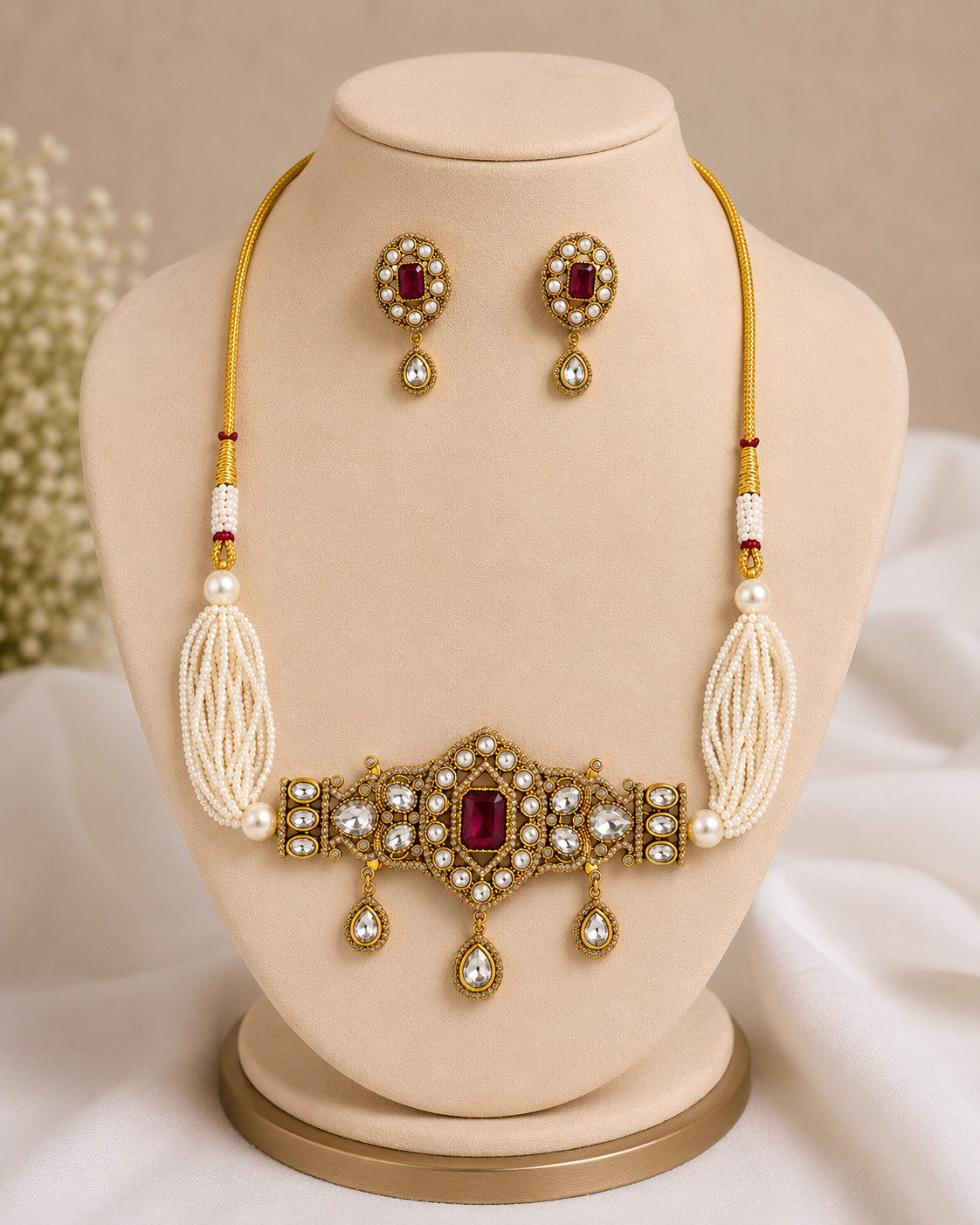 Red Stone Kundan Necklace Set Pearl Wedding Jewelry Gift for Women 137