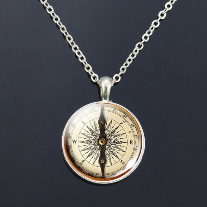 Classic Vintage Style Compass Necklace – Hiking, Travel, Camping Gift – Silver