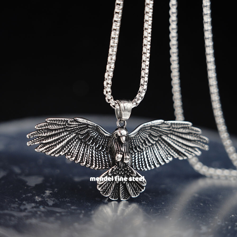 MENDEL Stainless Steel Mens Norse Viking Odin Raven Crow Biker Pendant Necklace