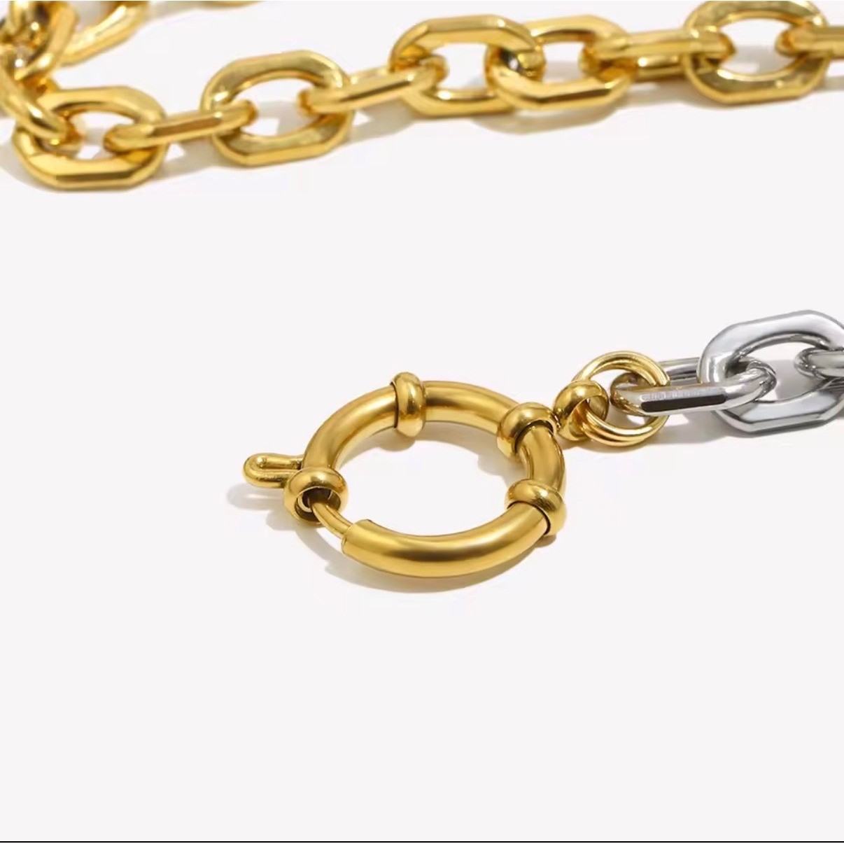 Two Tone Chunky Chain Link Necklace Gold Silver Mixed Metal Sailor Clasp Choker