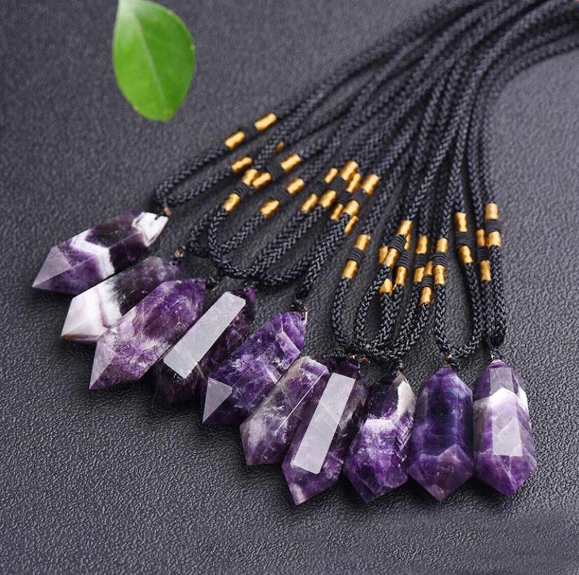 Natural Amethyst Stone Pendant Purple Crystal Point Charm Necklace Adjustable
