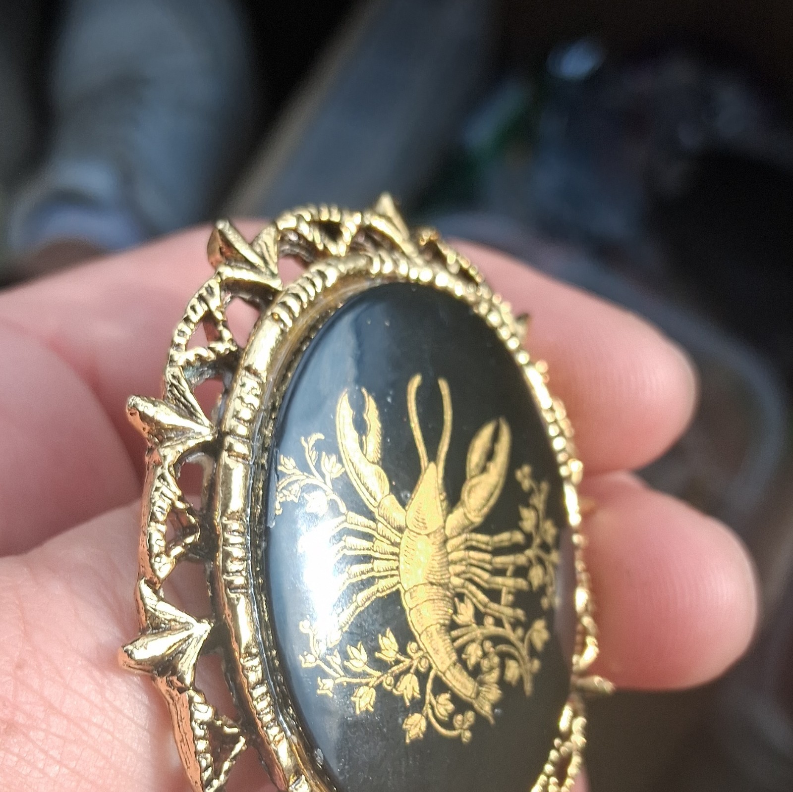 Vintage Black Scorpio Pendant, Gold-Tone Metal Bezel Setting, Ornate Frame