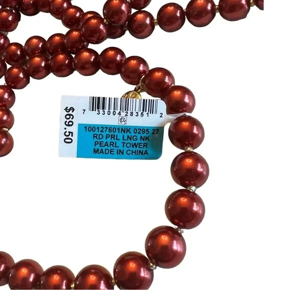 Charter Club Gold-Tone Imitation Pearl Long Strand Necklace Red New