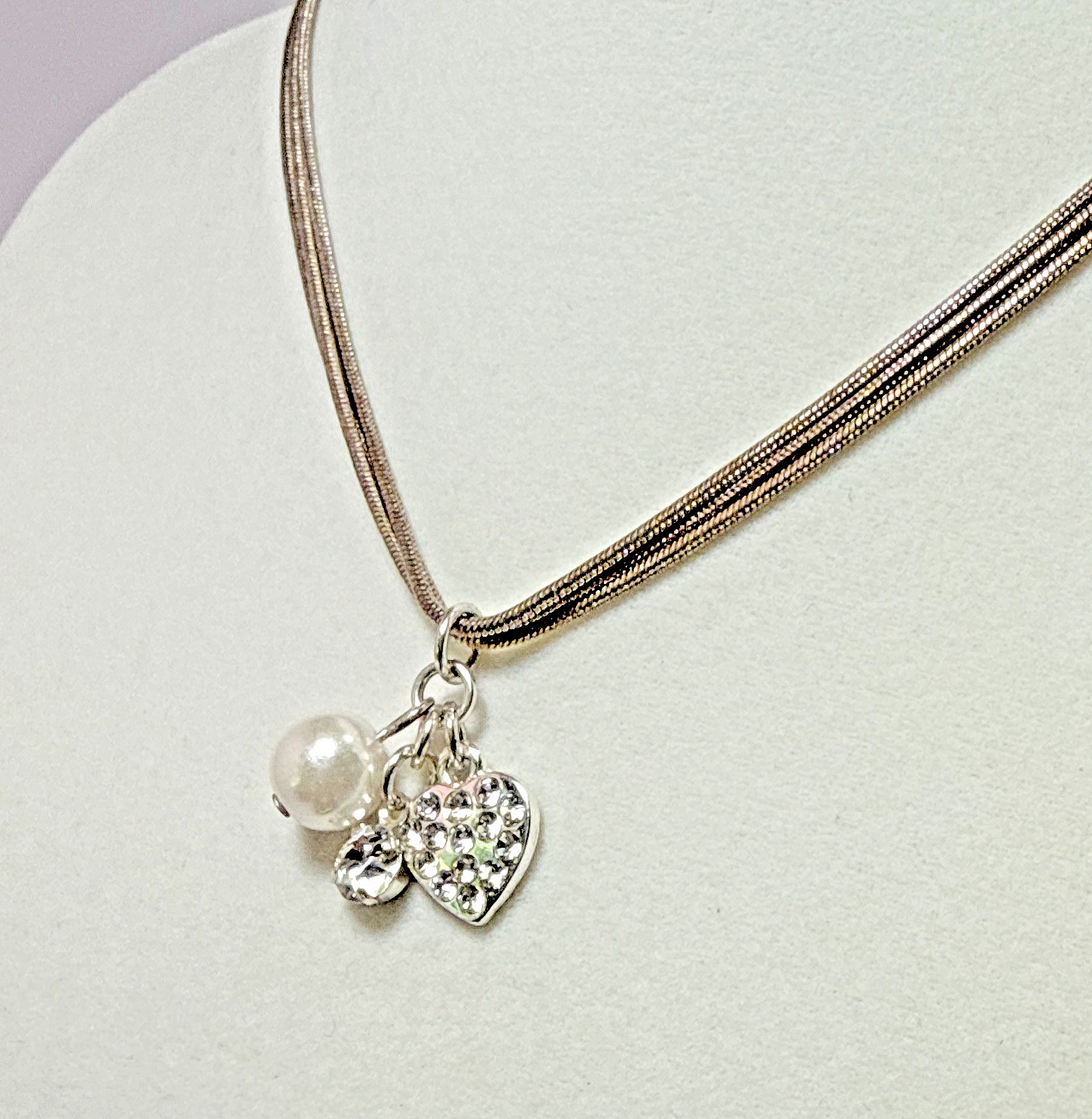 Silver Tone Multi Strand Snake Chain Heart Pearl Clear Rhinestone Cluster Neckla