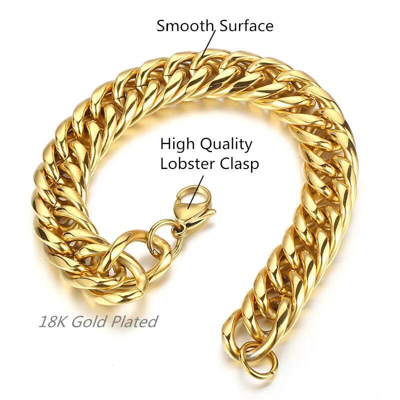 9/11/13/16/20mm Men’s Gold Plated Stainless Steel Curb Cuban Link Chain Necklace