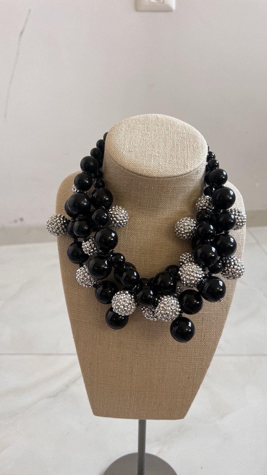 kenneth jay lane necklace black bead crystal ball statement bib signed
