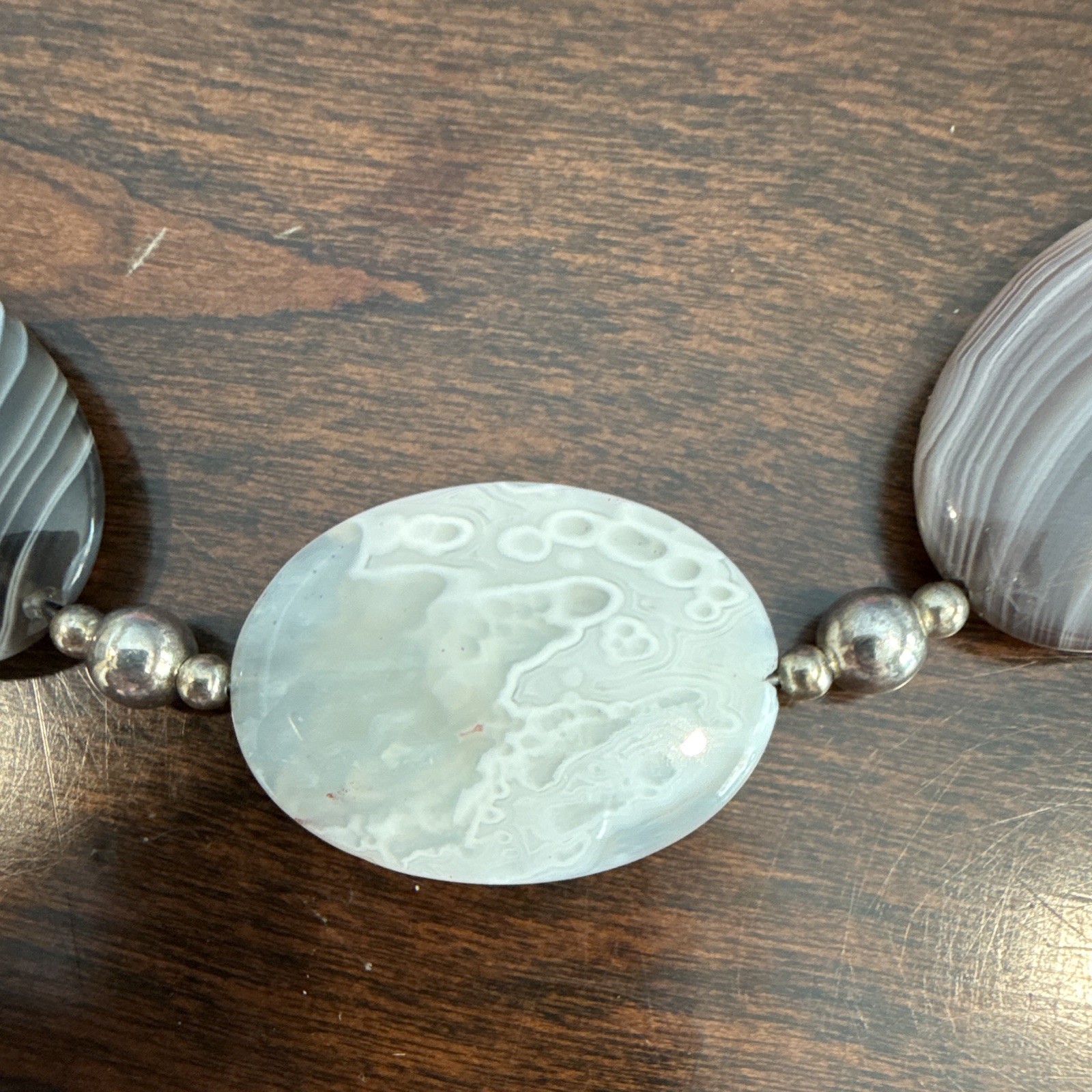 Gray & White Agate Beaded Necklace, Oval Beads, Adjustable, Lobster Clasp