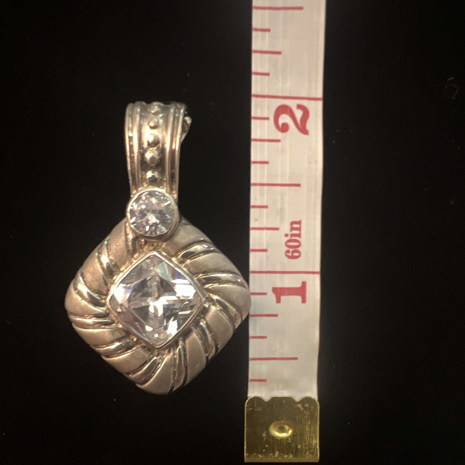 Vintage 925 Sterling Silver Cushion Cut CZ Square Pendant w/ 2 Stones