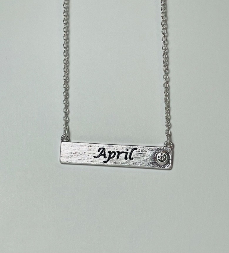 Personalized April Birthstone Necklace Bar Pendant Dainty Silver Plated