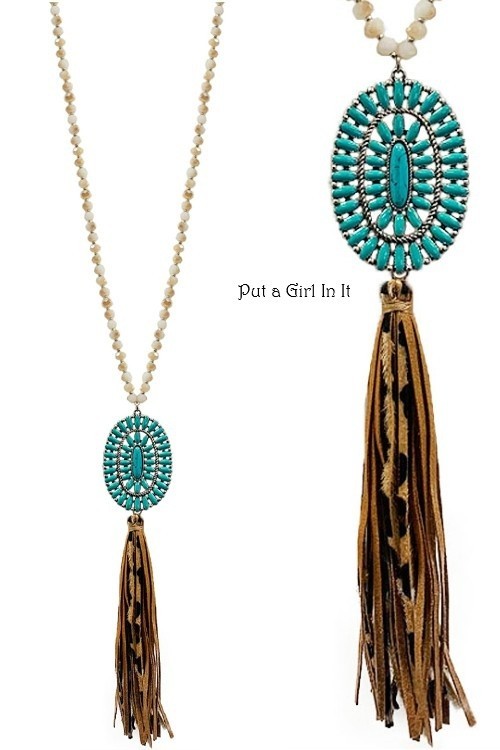 New WESTERN COWGIRL FAUX TURQUOISE LEATHER FRINGE STONE PENDANT LONG NECKLACE