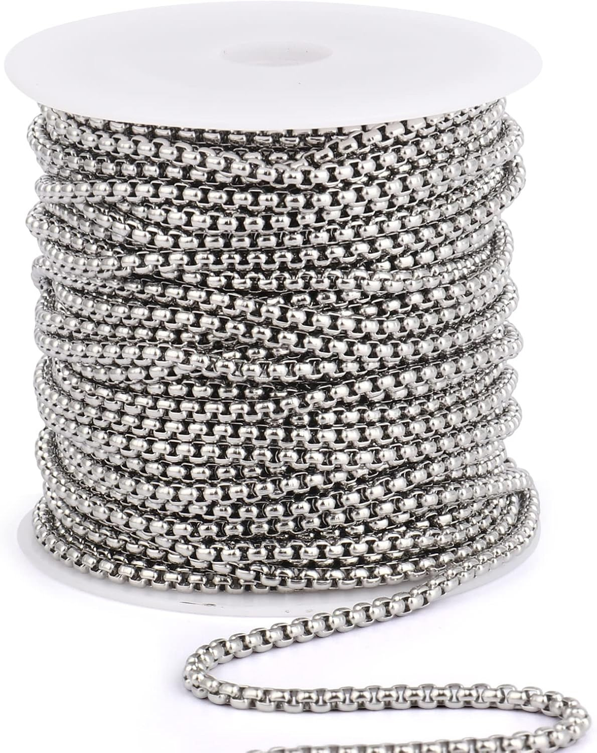 33 Feet Stainless Steel Rolo Box Chain, 3mm Wide 304 Stainless Steel Round Rolo