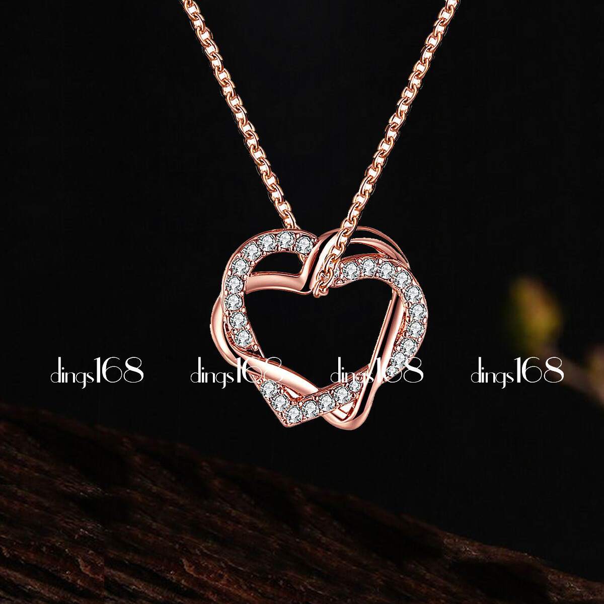 18K Rose Gold Filled Crystal 2-Heart Pendant + 16″/18″/20″/22″/24″ Necklace H030