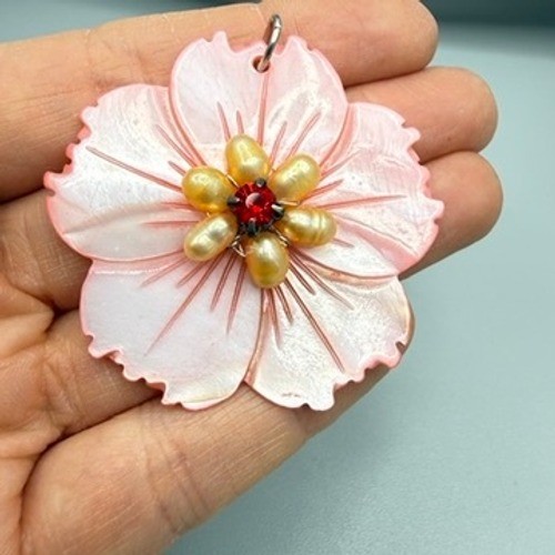 Pink Mother of Pearl Flower Pendant Red Rhinestone Cultured Pearls Tropical