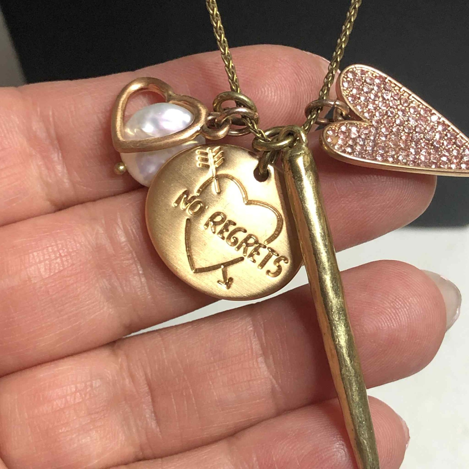 7314 Lucky brand Gold tone long Heart CZ “no Regrets” pendant necklace 26-30″