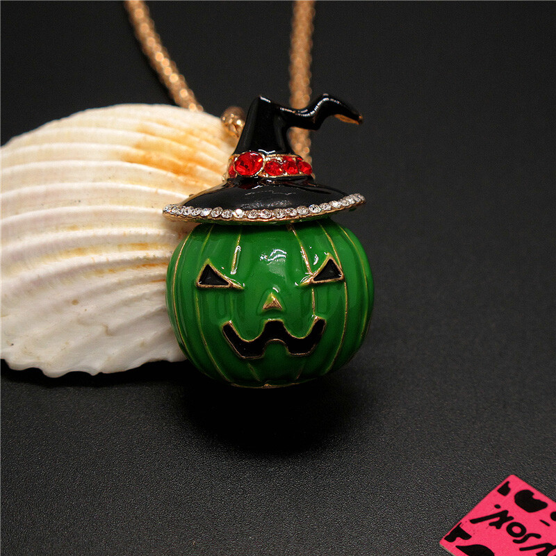 New Cute Crystal Enamel Green Pumpkin Halloween Fashion Women Pendant Necklace