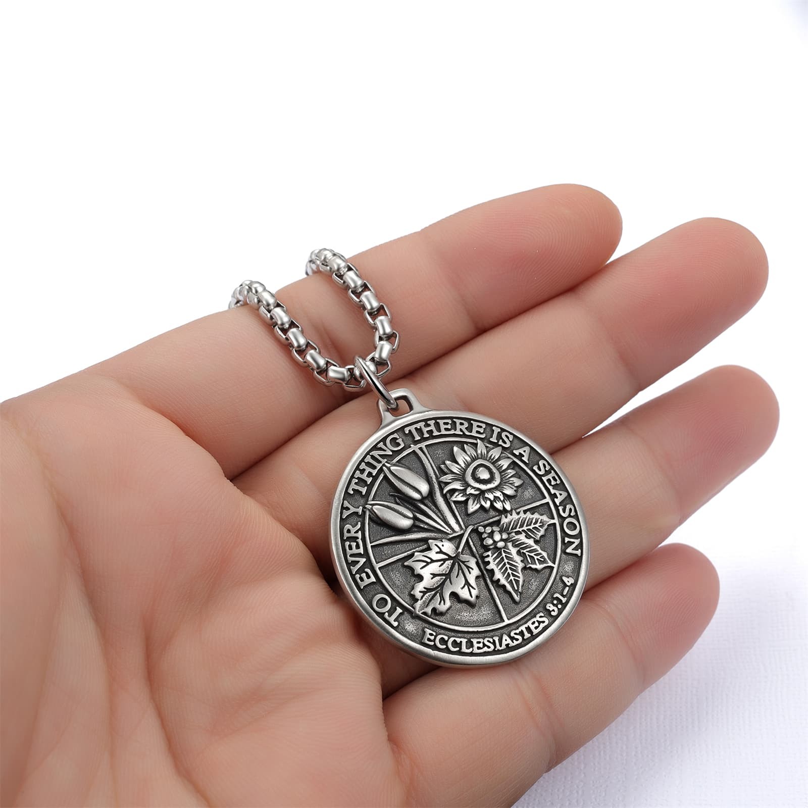 Mens Ecclesiastes 3:11 Bible Verse Herbal Embossed Stainless Steel Coin Necklace