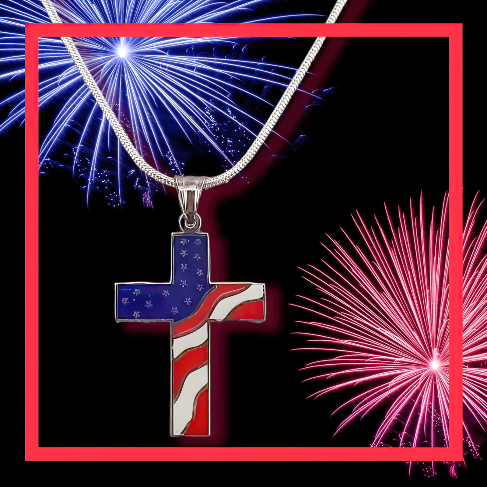 American Flag Cross Independence Day 4th of July Necklace
