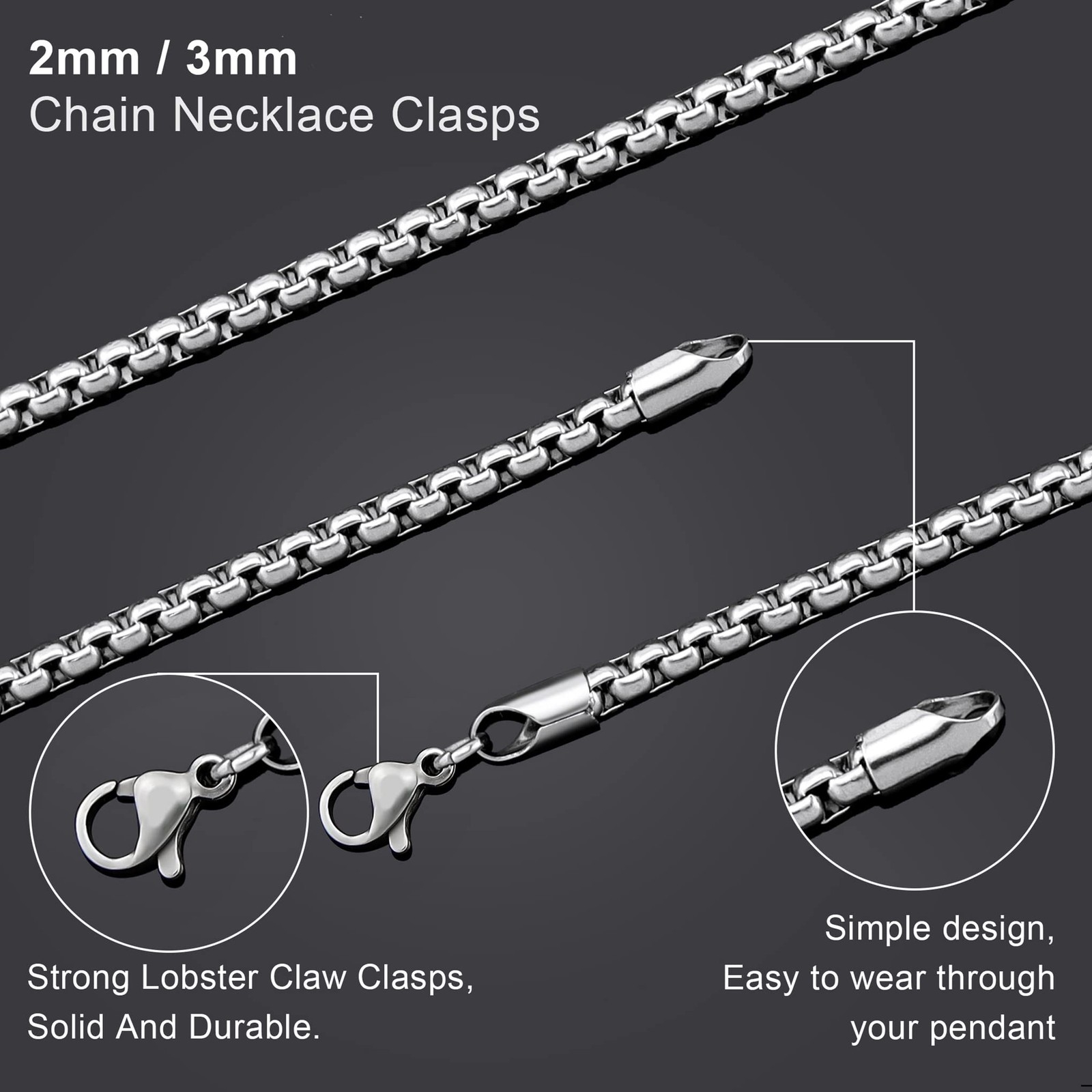 Stainless Steel Chain Necklace for Men 2MM Square Rolo Chains Round Box Chain…