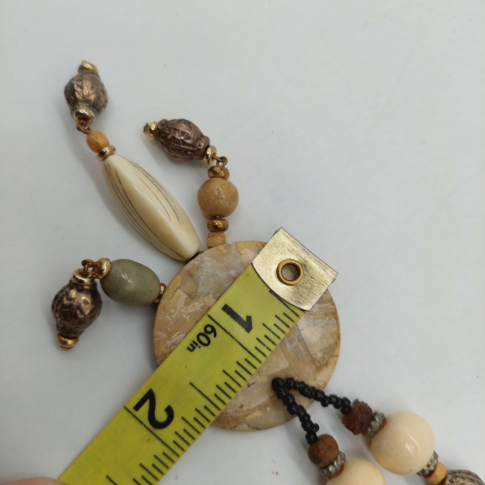 Necklace Beaded Round Pendant Brown Green Beige Metal Plastic Stones