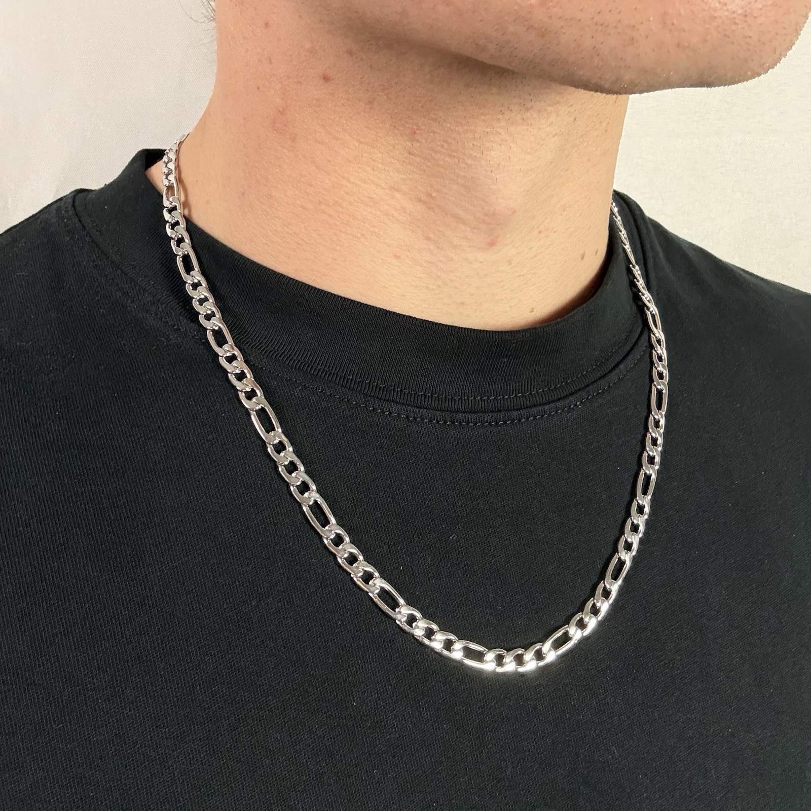 Silver Necklace 316L Surgical Stainless Steel Figaro Chain 6mm 22 Inches