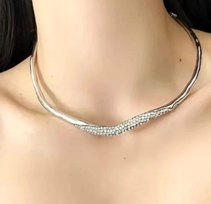 Solanales Neckace Crystal Pave Skinny Collar Silver Chain CZ Bittar