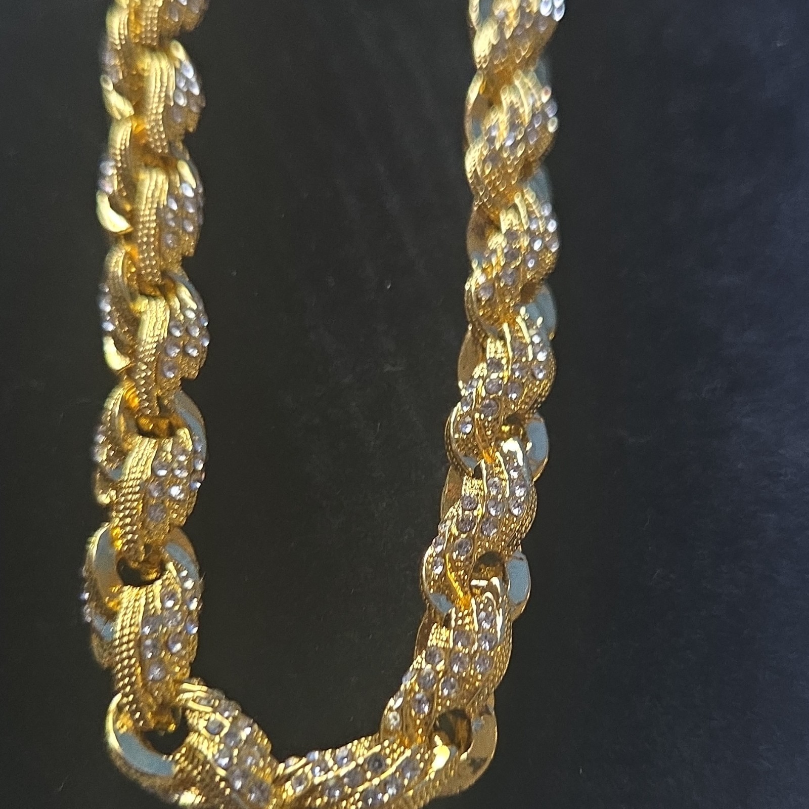 Gold Tone Rope Chain Necklace Clear Stones Rhinestones Lobster Clasp
