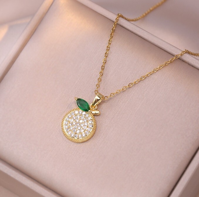 Trendy Gold Titanium Green Flower Lemon Pave C. Zirconia Pendant Chain Necklace