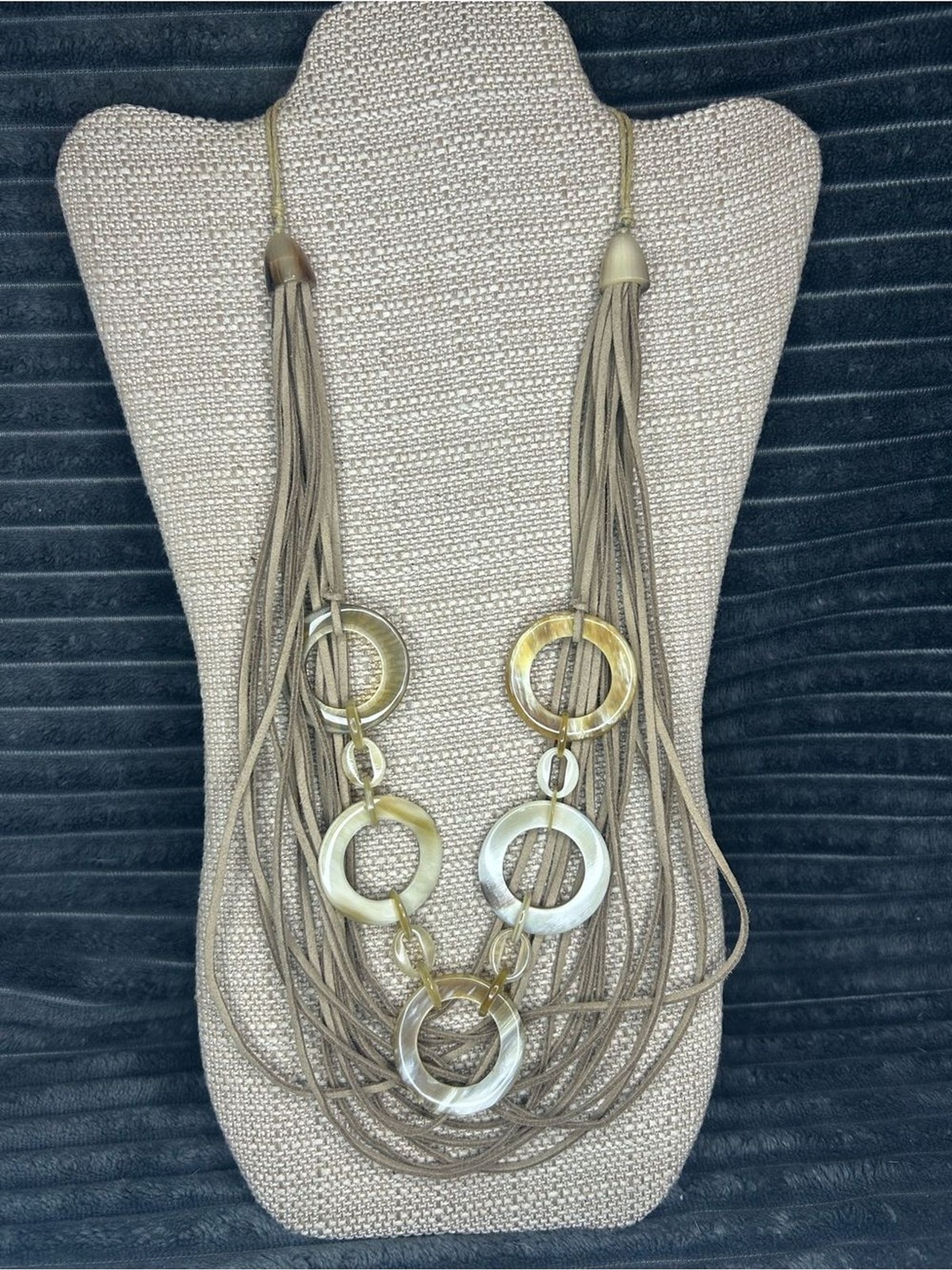 Tassel Multi-Strand Taupe Necklace with Gold & Cream Rings