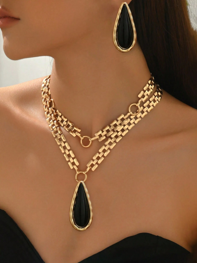 3 Pcs Set Women Trendy Stainless Steel Double Layer Heart Pendant Chain Necklace