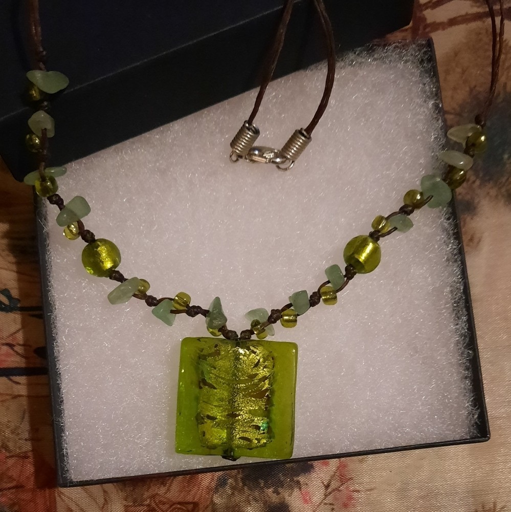art glass and stone nugget necklace on 16in cord