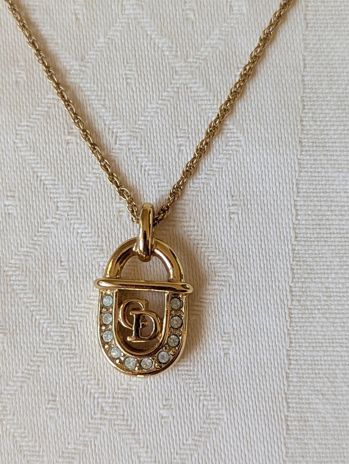 Vintage Christian Dior Padlock Stirrup CD Logo Necklace Gold Crystals Germany