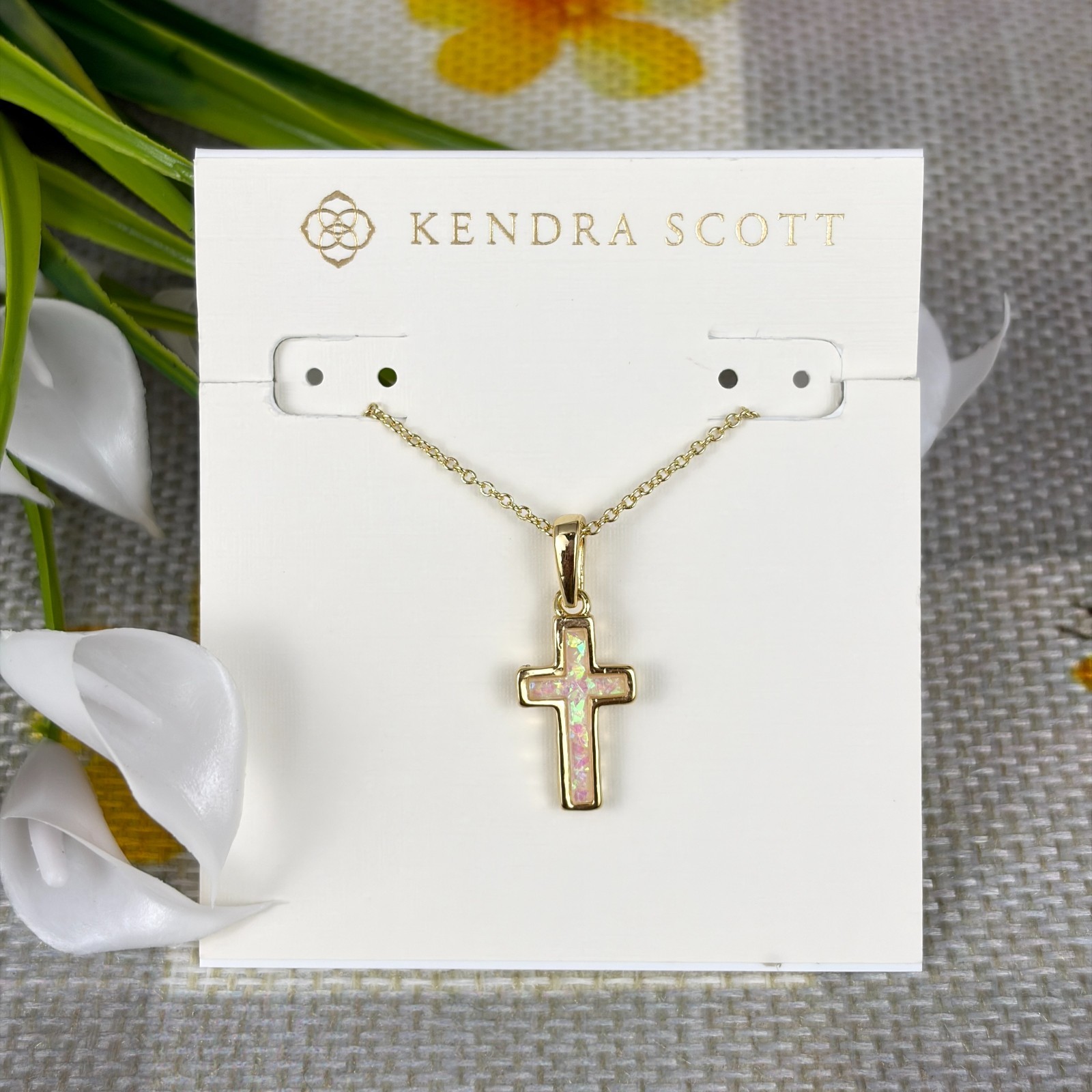 Kendra Scott Cross Gold Pendant Necklace in White Kyocera Opal