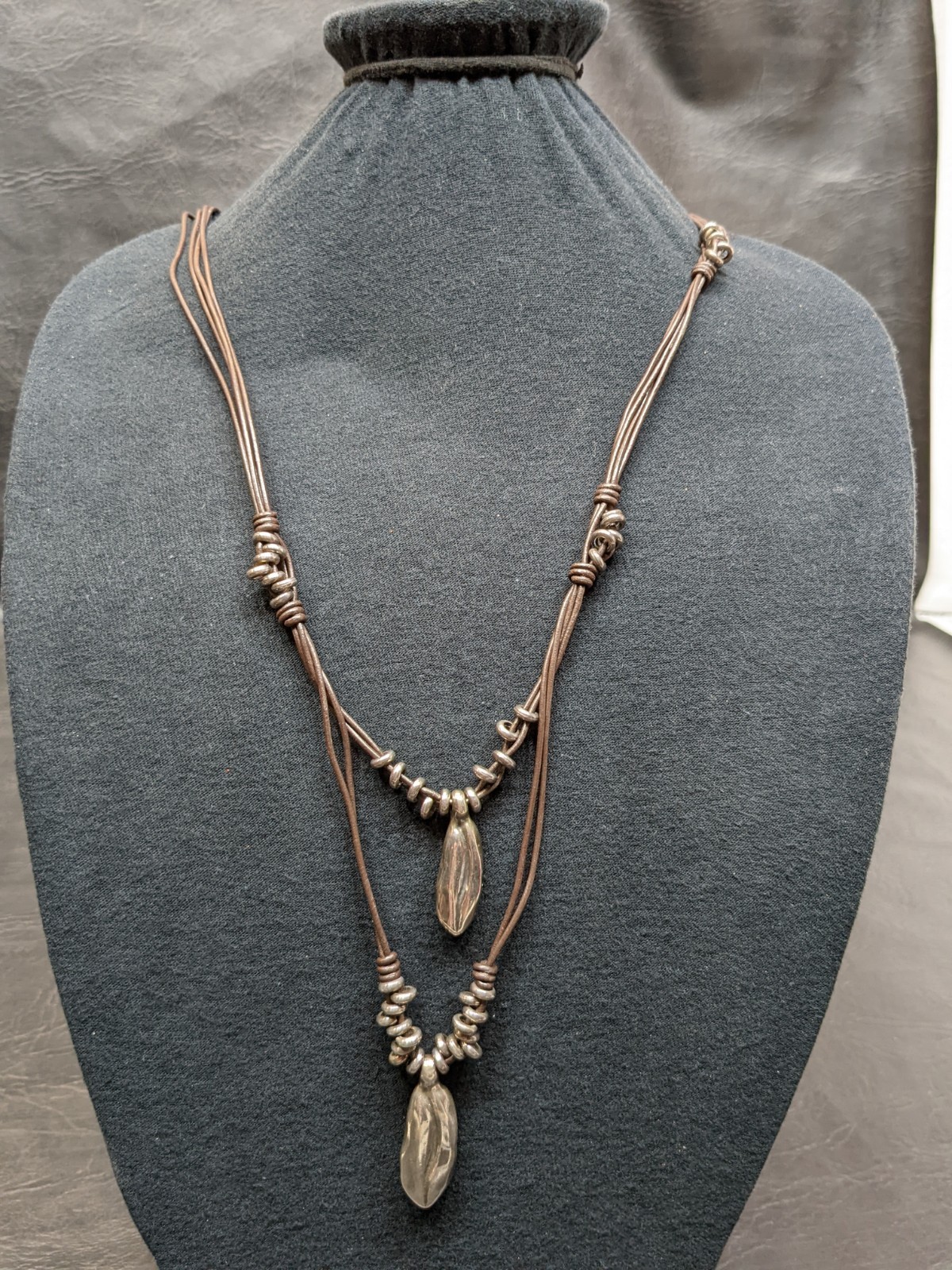 Uno de 50 Brown Cord Layered Necklace Silver Tone Pendant Boho Signed ~32″