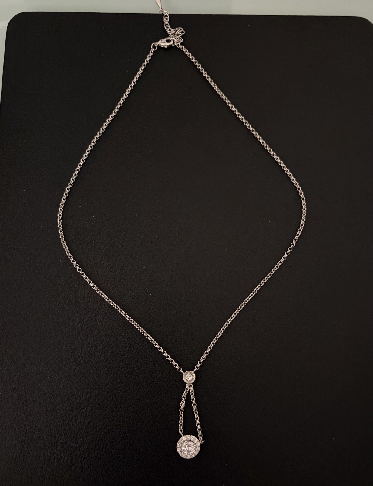 Rhodium Plated Lariat Drop Necklace, CZ Solitaire & Pavé Halo Charm