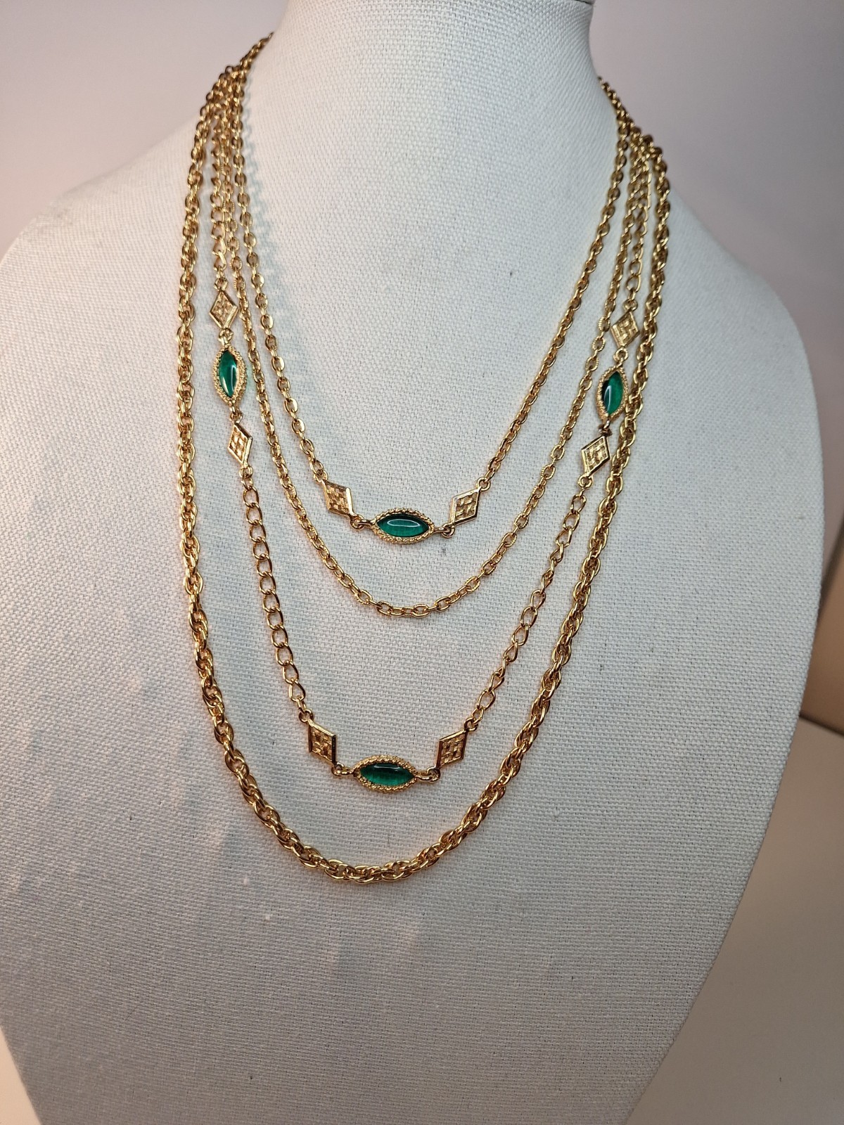 Goldtone Necklace With Multiple Layered Chains & Marquise-cut Green Gemstones