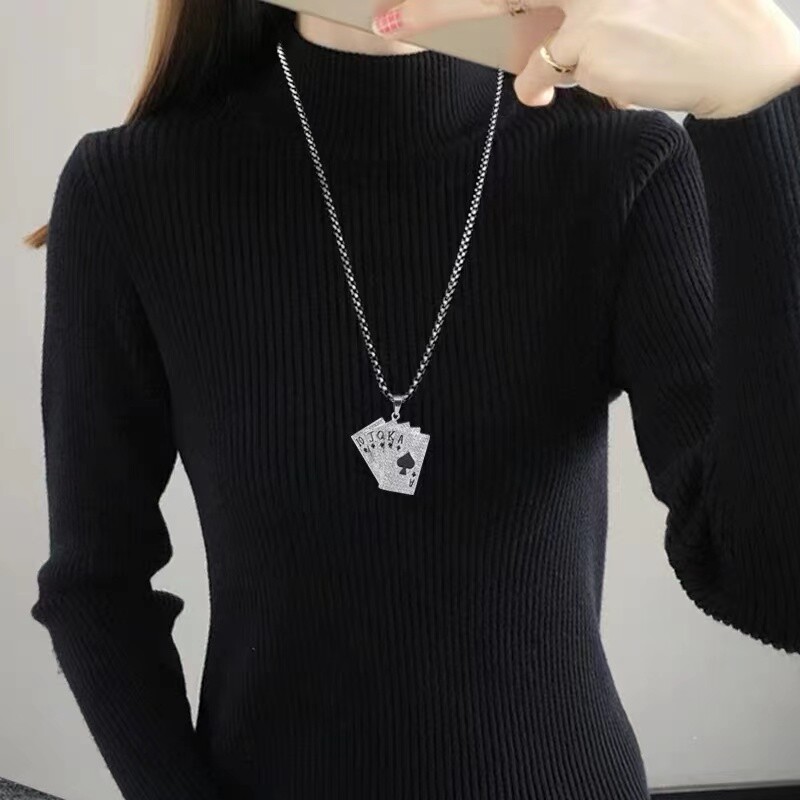 Mens Womens Silver CZ Poker Card Pendant Necklace Punk Hip Hop Jewelry Chain 24″