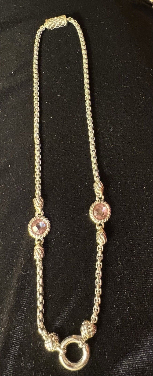 Etruscan Necklace Silver & Gold Plated with 2 Pink Stones & A Magnetic Closure