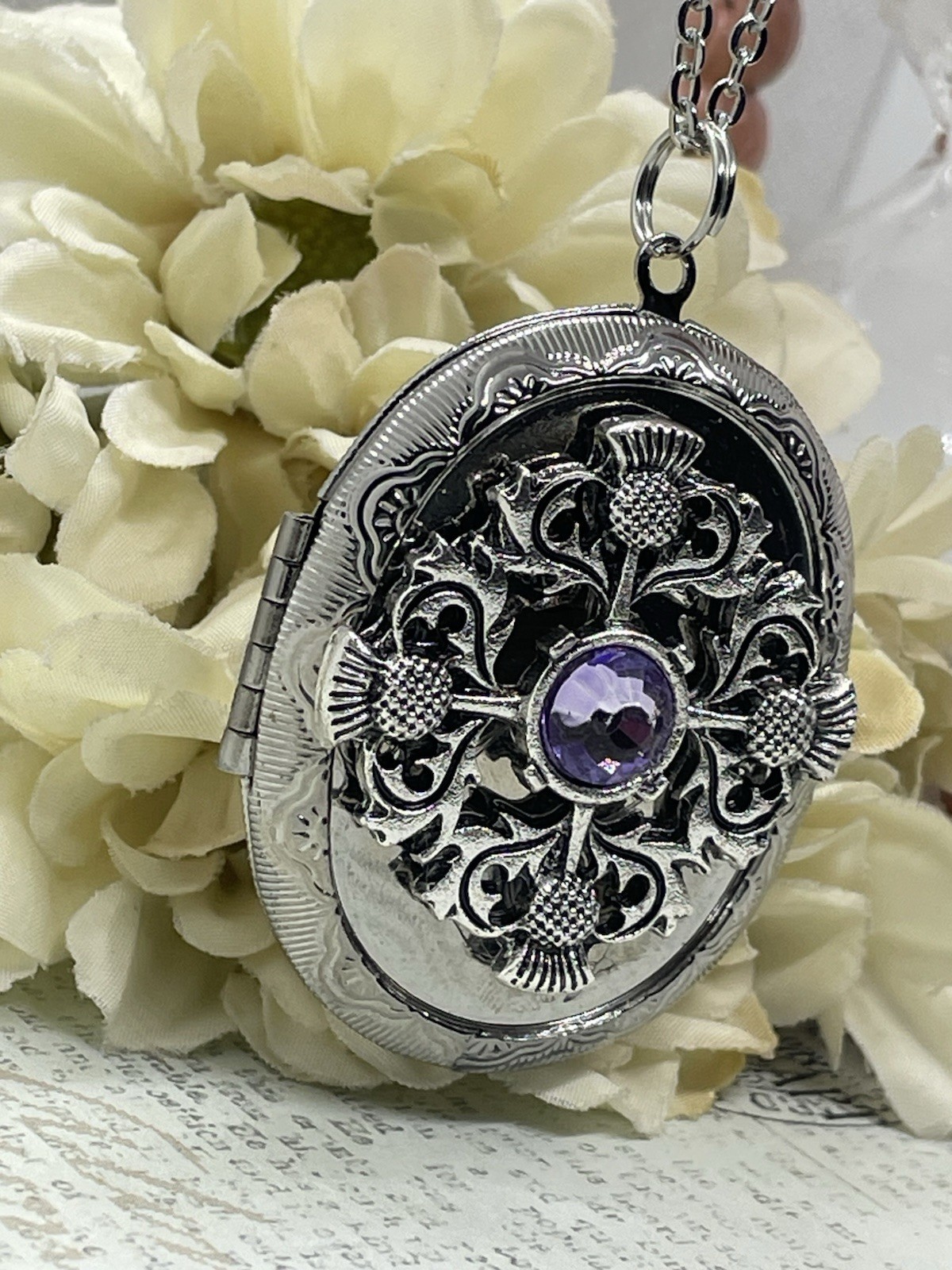 Silver Purple SCOTTISH THISTLE Scotland LOCKET NECKLACE CAMEO PHOTO CELTIC gift