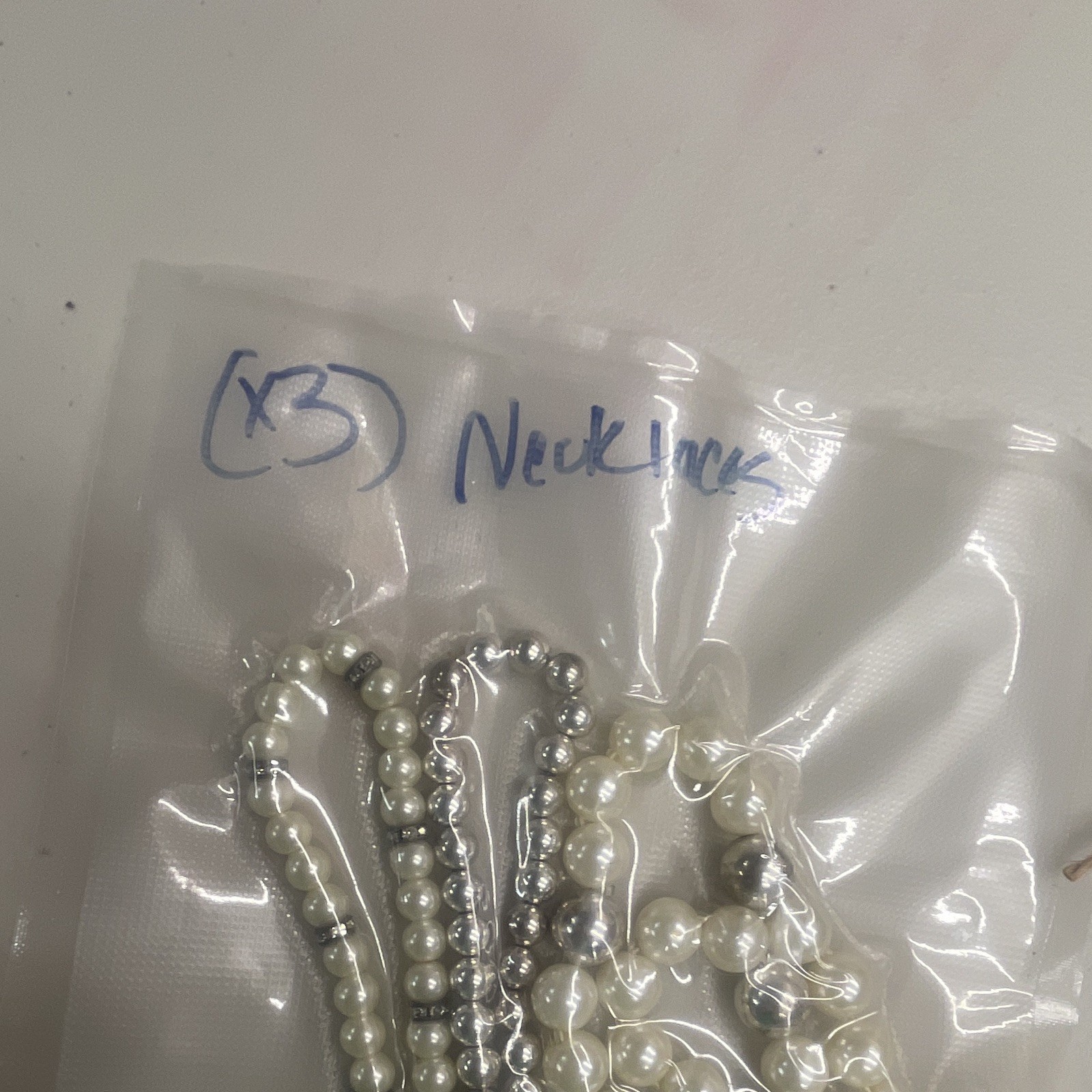 Lot of 3 Beaded Necklaces Simulated White Imitation Pearl Plastic Silver Tone