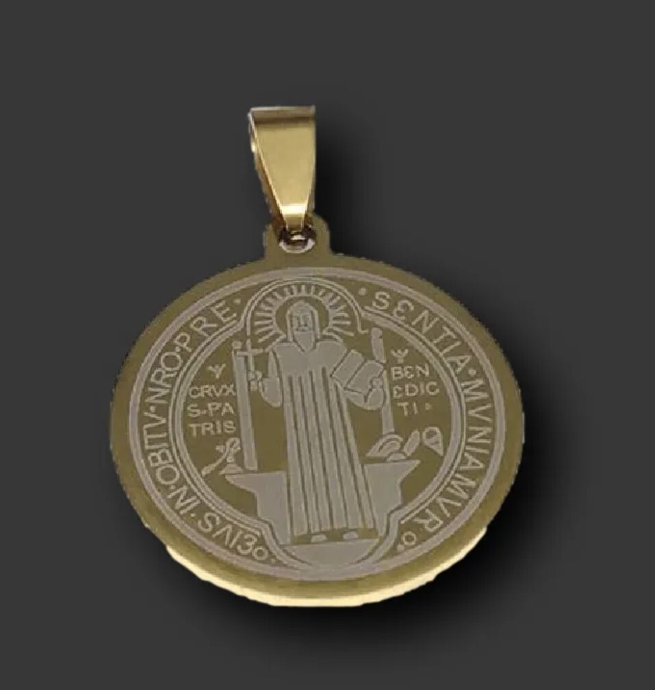 Gold Stainless Steel St Benedict Laser Engraved Pendant no chain