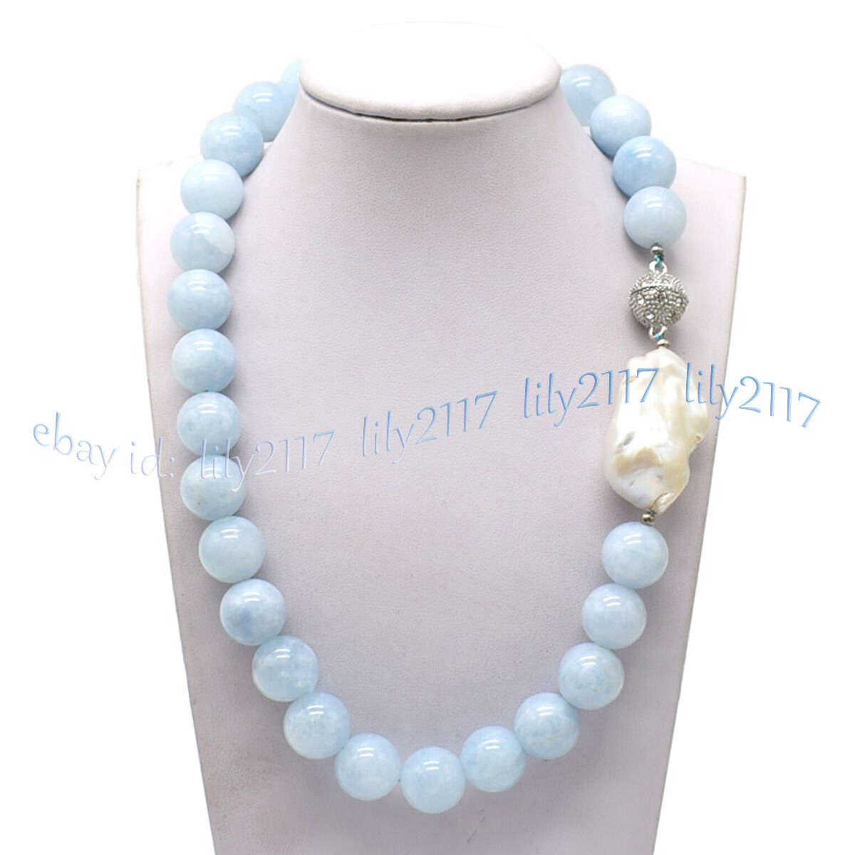Natural Blue Aquamarine Round Gemstone White Keshi Baroque Pearl Necklace 6-14mm