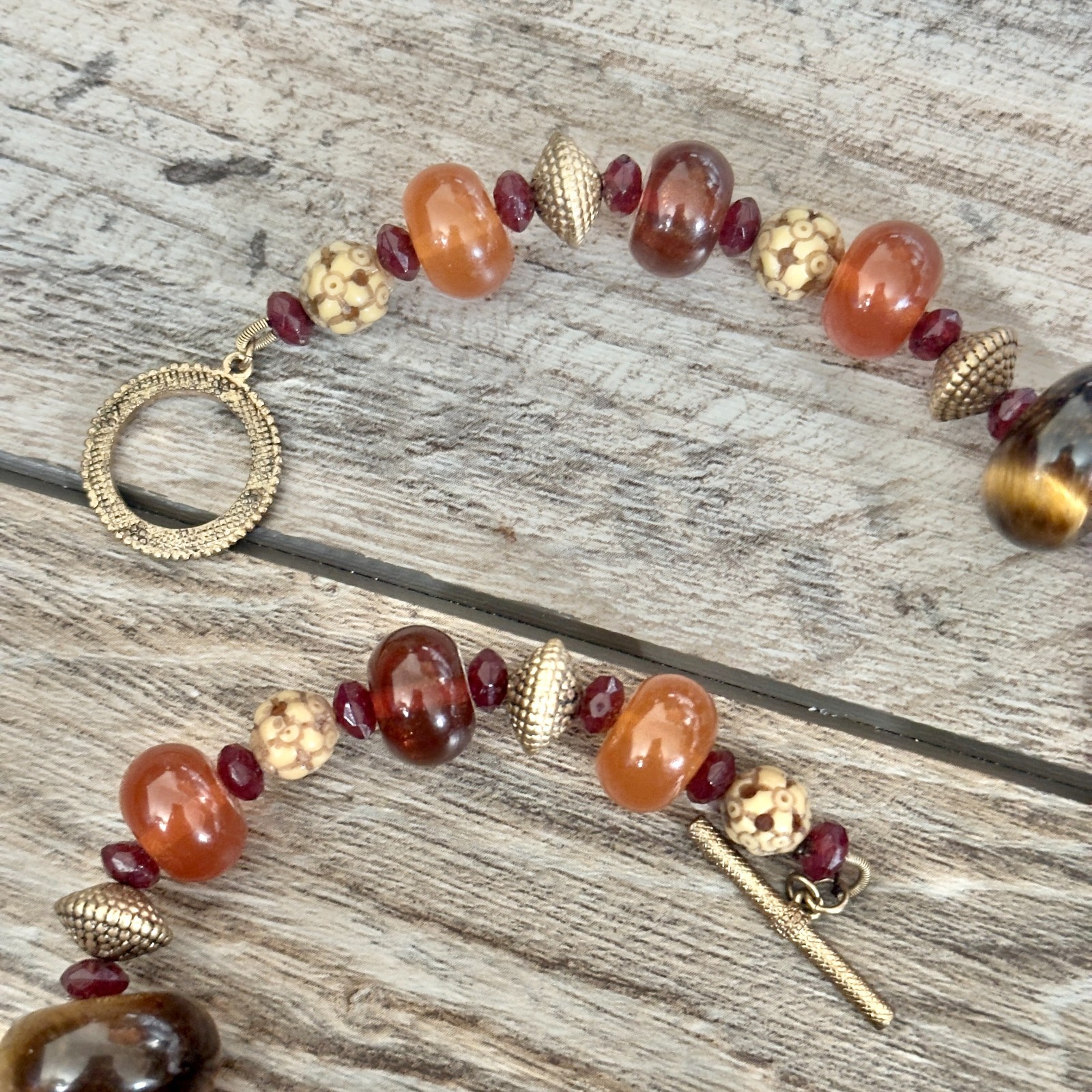 Tigers Eye Mixed Materials Plastic Beaded Statement Necklace Gold Tone