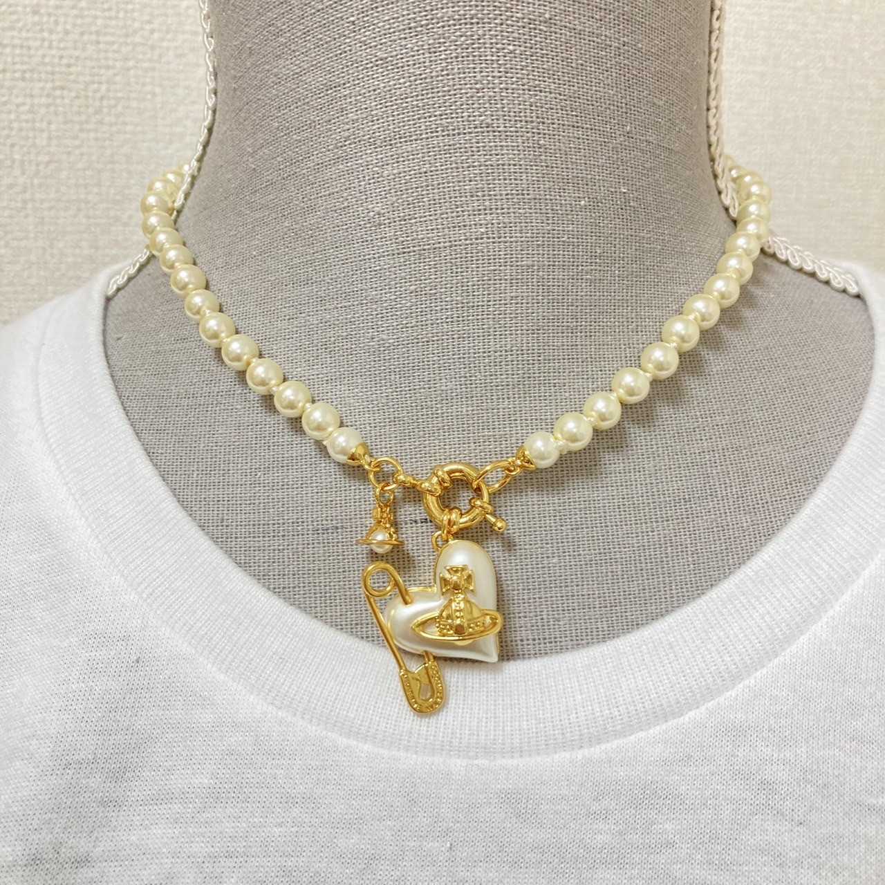 Vivienne Westwood Necklace ORIETTA Pearl Heart Safety pin Gold 40cm NO BOX