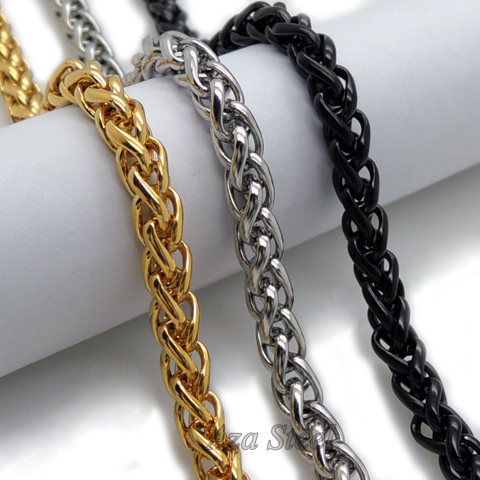 MENS 6MM Gold/Black/Silver 16″~36″ Stainless Steel Wheat Braided Chain Necklace