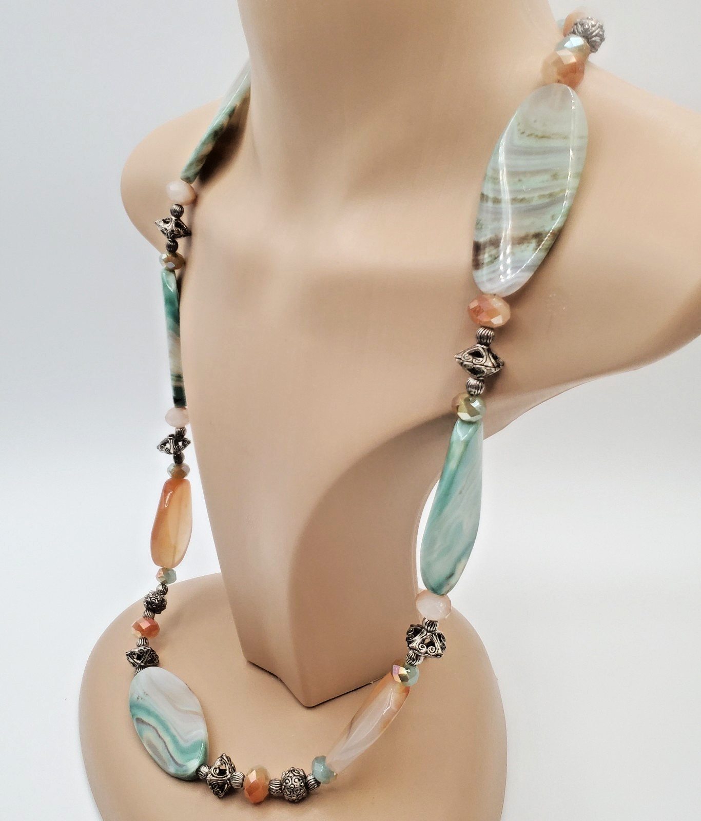 Banded Agate Stone Necklace 32in Peach Aqua Green Brown Polished Natural Beads