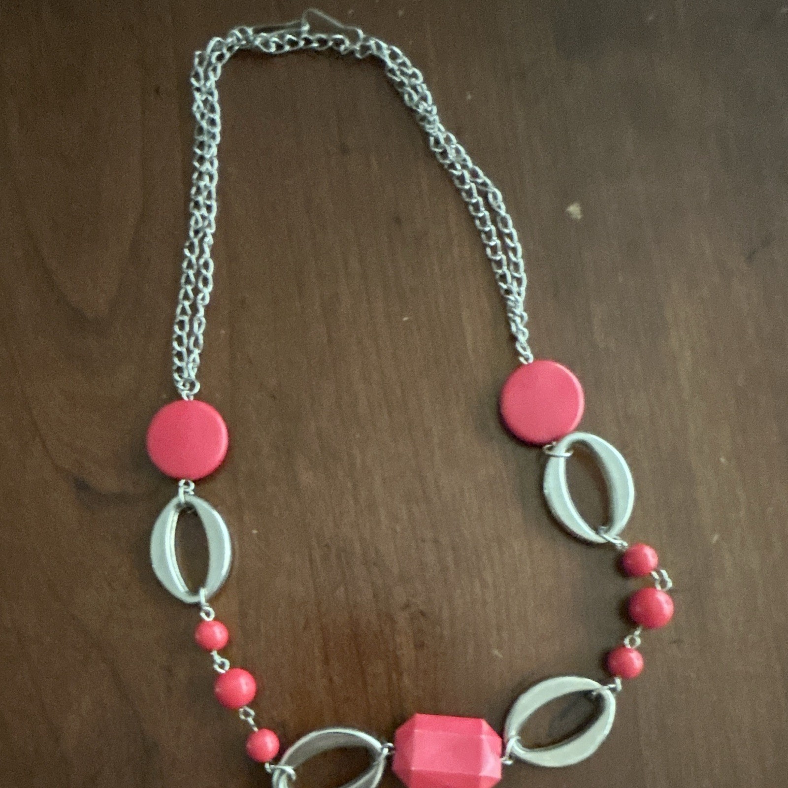 Silver Tone Cable Chain Statement Necklace w/ Pink Plastic Beads, Geometric